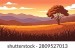 A vibrant, stylized landscape illustration depicting a lone tree on a grassy hill during a beautiful sunset with rolling mountains in the background.