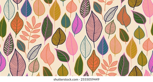 Vibrant stylized leaf pattern on soft beige background. Diverse shapes and sizes in pink, orange, green, and blue with fine outlines. Ideal for textiles, wallpapers, and packaging design.