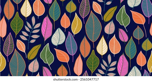 Vibrant stylized leaf pattern on dark blue background. Diverse shapes and sizes in pink, orange, green, and white with fine outlines. Ideal for textiles, wallpapers, and packaging design.