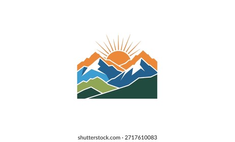 Un logotipo vibrante y estilizado con una cordillera con un sol naciente, representado en un estilo de arte moderno, geométrico y colorido, perfecto para temas de exteriores y viajes.