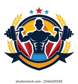 A vibrant, stylized logo featuring a muscular silhouette of a bodybuilder lifting barbells