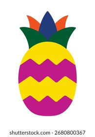 Un icono de piña vibrante y estilizado con un patrón abstracto colorido. Esta ilustración de frutas moderna es perfecta para el verano y temas tropicales, aislados sobre un fondo blanco.
