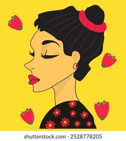 Um retrato de perfil vibrante e estilizado de uma mulher em negrito, estilo gráfico com elementos florais, situado contra um fundo amarelo brilhante, exalando calma e graça com influências pop-art