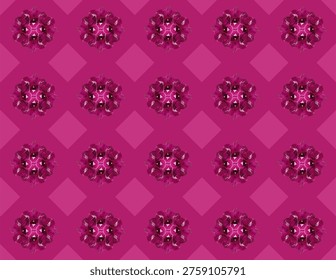 A vibrant and stylized seamless repeating pattern featuring clusters of deep magenta and pink orchid flowers. The floral motifs are arranged in a grid formation over a subtle, tonal checkered pattern on a bold magenta background. This elegant design is perfect for textiles, wallpapers, gift wrap, and various digital or print applications.
