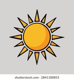 A vibrant, stylized sun illustration featuring a bright yellow center and bold black outlines with radiating rays, symbolizing warmth and energy.