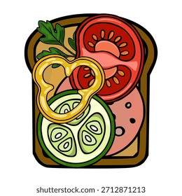 Ilustração vetorial vibrante e estilizada de um delicioso sanduíche de cara aberta, repleto de ingredientes frescos como tomate, pepino, pimenta, salsa e salsicha fatiada em pão torrado.
