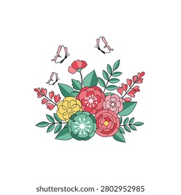 A vibrant and stylized vector illustration of a floral bouquet featuring a variety of colorful flowers in shades of red, yellow, pink, and teal. The arrangement is accented with lush green leaves and delicate stems. Three small butterflies with pink-tipped wings are seen fluttering gracefully above the flowers. The entire composition is set against a clean, solid white background, making it ideal for various design applications.