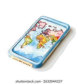 A vibrant, stylized world map is displayed on a light blue smartphone, angled slightly. The map's countries are outlined in various colors, creating a visually engaging image.