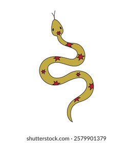 A vibrant stylized yellow snake adorned with striking red stars, perfect for art and design