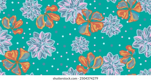 Vibrant Succulent and Abstract Floral Pattern Colorful Botanical Design with Polka Dots