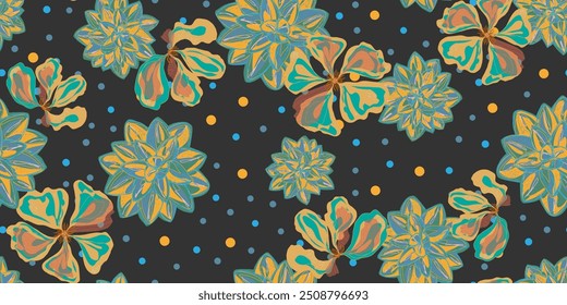 Vibrant Succulent and Abstract Floral Pattern Colorful Botanical Design with Polka Dots