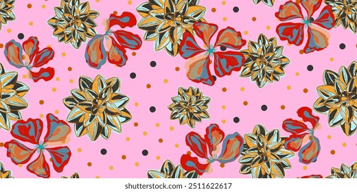 Vibrant Succulent and Abstract Floral Pattern Colorful Botanical Design with Polka Dots