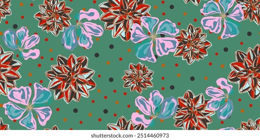 Vibrant Succulent and Abstract Floral Pattern Colorful Botanical Design with Polka Dots