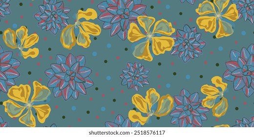 Vibrant Succulent and Abstract Floral Pattern Colorful Botanical Design with Polka Dots