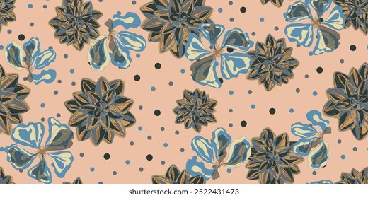 Vibrant Succulent and Abstract Floral Pattern Colorful Botanical Design with Polka Dots