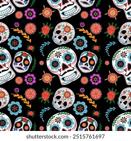 Vibrant sugar skulls with floral patterns on black background