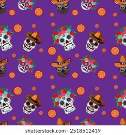 Vibrant sugar skulls with flowers and hats