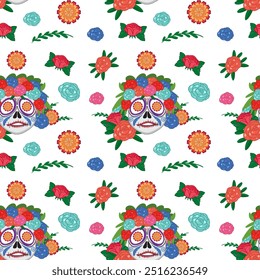 Vibrant sugar skulls with flowers and leaves