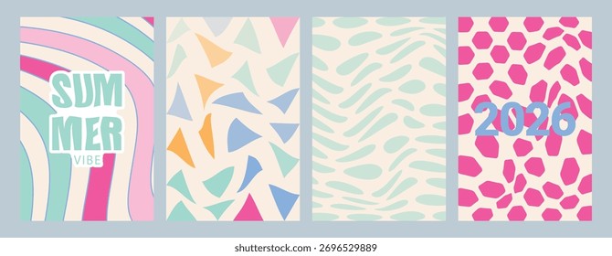 Vibrant Summer 2026 Retro Pattern Set – Psychedelic Pastel Abstract Waves, Geometric Shapes, Organic Lines, and Bold Checkerboard Designs for Trendy Backgrounds