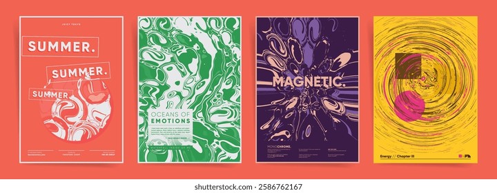 Vibrant Summer Abstract Poster Series with Swirling Fluid Patterns. Decorative Graphic Template. Book Covers, Placard and Portfolio Brand Pages. 