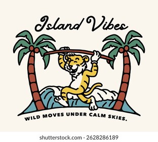 A vibrant summer artwork showing a cheerful tiger playing with a hammock between palm trees on a tropical beach, conveying relaxed island energy and wild fun.