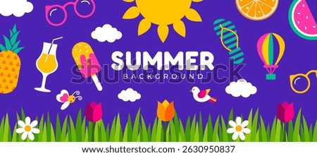 Vibrant Summer Background, banner or poster with Beach and Fruit Icons. Colorful Flat Design Illustration of Vacation Elements for Seasonal Graphics. Summer Poster Horizontal Background or banner.