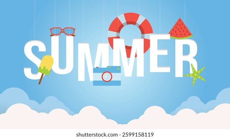 vibrant summer background featuring a blue sky, fluffy clouds, and fun beach elements like ice cream, sunglasses, a lifebuoy, and a camera. Perfect for vacation and holiday designs.