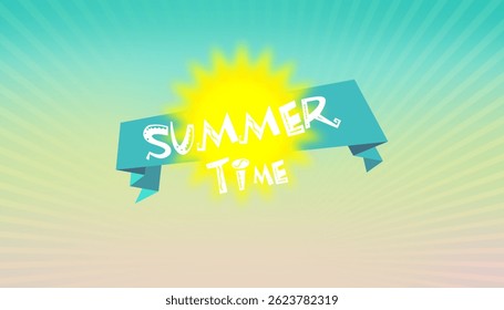 Vibrant summer background with sunburst and pastel ribbon, perfect for seasonal promotions or vacation themes. Summer holiday travel and vacation background, backdrop, banner, greeting, sale design. 