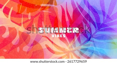 Vibrant summer background with tropical leaf silhouettes. Bright, colorful, and modern design. Perfect for web, social media, and print.