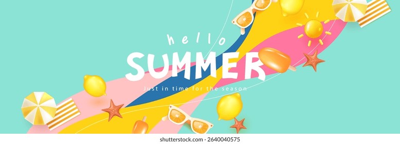 Vibrant summer banner with abstract pastel waves, lemons, sunglasses, and beach accessories. Great for seasonal promotions and youth-oriented content.