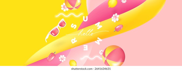 Vibrant summer banner with pastel beach elements for kids, party, or promotion design.