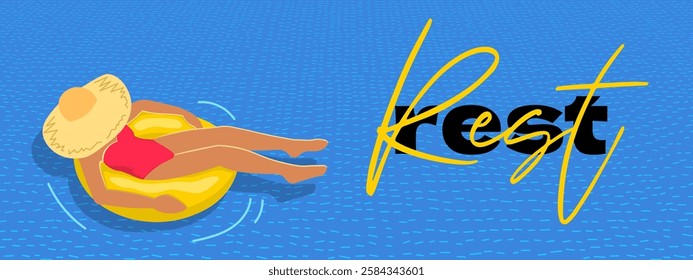 Vibrant summer banner showcasing woman relaxing by pool with colorful inflatable ring. Enjoying sunny weather. Perfect for promoting vacations, leisure and resort getaways. Trendy modern bright style.