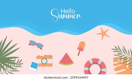 Vibrant summer beach background with sunglasses, watermelon, ice cream, starfish, and tropical vibes. Ideal for vacation themes, holiday posters, banners, and seasonal digital designs.