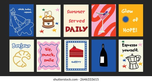 Vibrant summer bistro banner set with fruity cocktails, cherries, flowers and happy moments.
