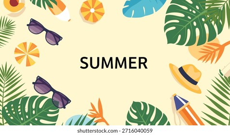 Vibrante composición de borde de verano con hojas de monstruos tropicales, elegantes gafas de sol, sombrero de sol y accesorios de playa para promociones de temporada.