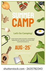 A vibrant summer camp design showcasing camping gear and activities, ideal for promoting adventure and outdoor fun.