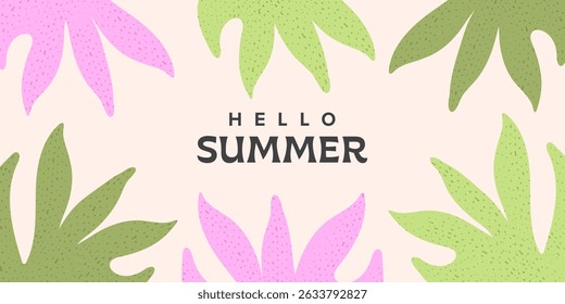 A vibrant summer card featuring abstract tropical leaves with textured accents. Modern, minimalist art style for celebrations, advertising, branding, banners, covers, labels, posters, promotions.