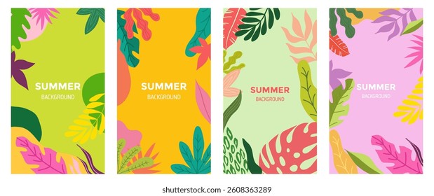 Vibrant summer card set template with abstract tropical leaves. Minimalist design perfect for promotions, branding, posters, banners, invitations, and seasonal advertising campaigns