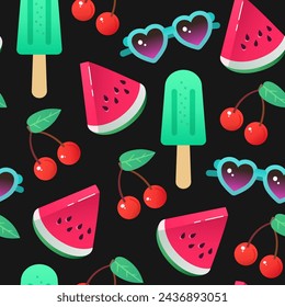 Vibrant summer cute seamless pattern with watermelon, sunglasses and icecream. Vector illustration
