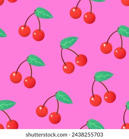 Vibrant summer cute seamless pattern with red juicy cherries. Vector illustration