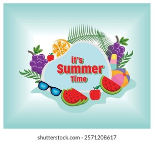 A vibrant summer design featuring refreshing fruits like watermelon and grapes, sunglasses, and cheerful decorations, evoking the essence of fun, relaxation, and sunny vibes during the summer season. 