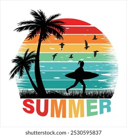 A vibrant summer design featuring a surfer, palm trees, and birds set against a retro sunset gradient with "Summer" text.