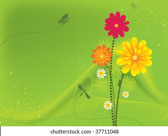 Vibrant summer flowers surrounded by pollen and insects.