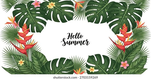 Un marco de verano vibrante con exuberantes hojas de monstruo, flores exóticas y las palabras 'Hola verano' en el centro.
