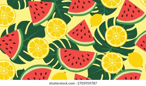 Fruta de verão vibrante e folha tropical padrão sem emenda com melancia fatias limões e folhagem monstera em um fundo amarelo alegre.