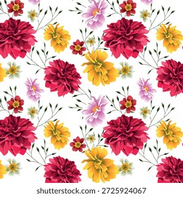 Vibrant Summer Garden Seamless Pattern with Red Dahlias and Yellow Flowers