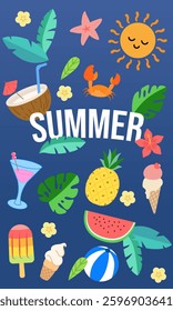 Vibrant summer holiday illustration showcasing various tropical fruits, refreshing ice cream, beach ball, and other summer elements on a blue background