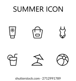 Vibrante conjunto de iconos de verano con Elementos de playa, sol, palmeras, símbolos tropicales y gráficos de vacaciones ideales para la marca de viajes, App, Sitios web y proyectos de diseño.