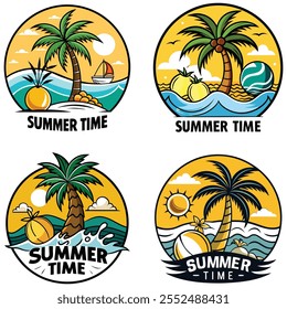 Vibrante ilustración de verano con una palmera con cocos, olas de la playa, conchas marinas y texto en negrita 'Hora de verano' en un círculo amarillo. Perfecto para diseños tropicales y de vacaciones