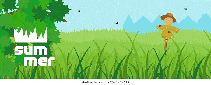 Vibrant summer landscape banner featuring lush green meadow. Bright blue sky and charming countryside scene. Scarecrow, trees and sunny peaceful rural atmosphere. Horizontal artwork